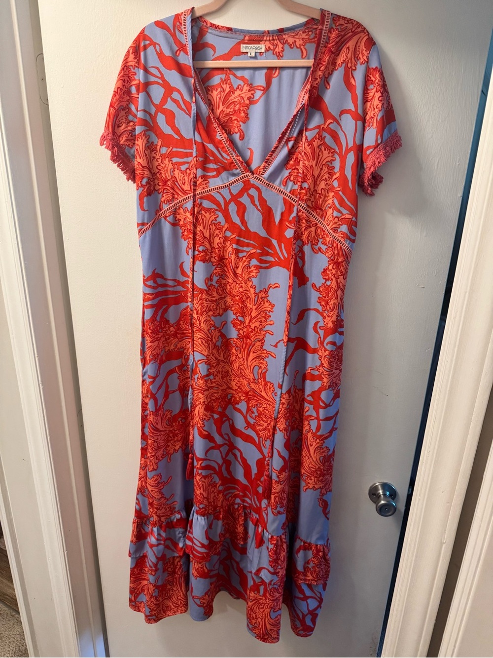 Coral-Print V-Neck Maxi Dress in Red and Blue - Unknown Brand
